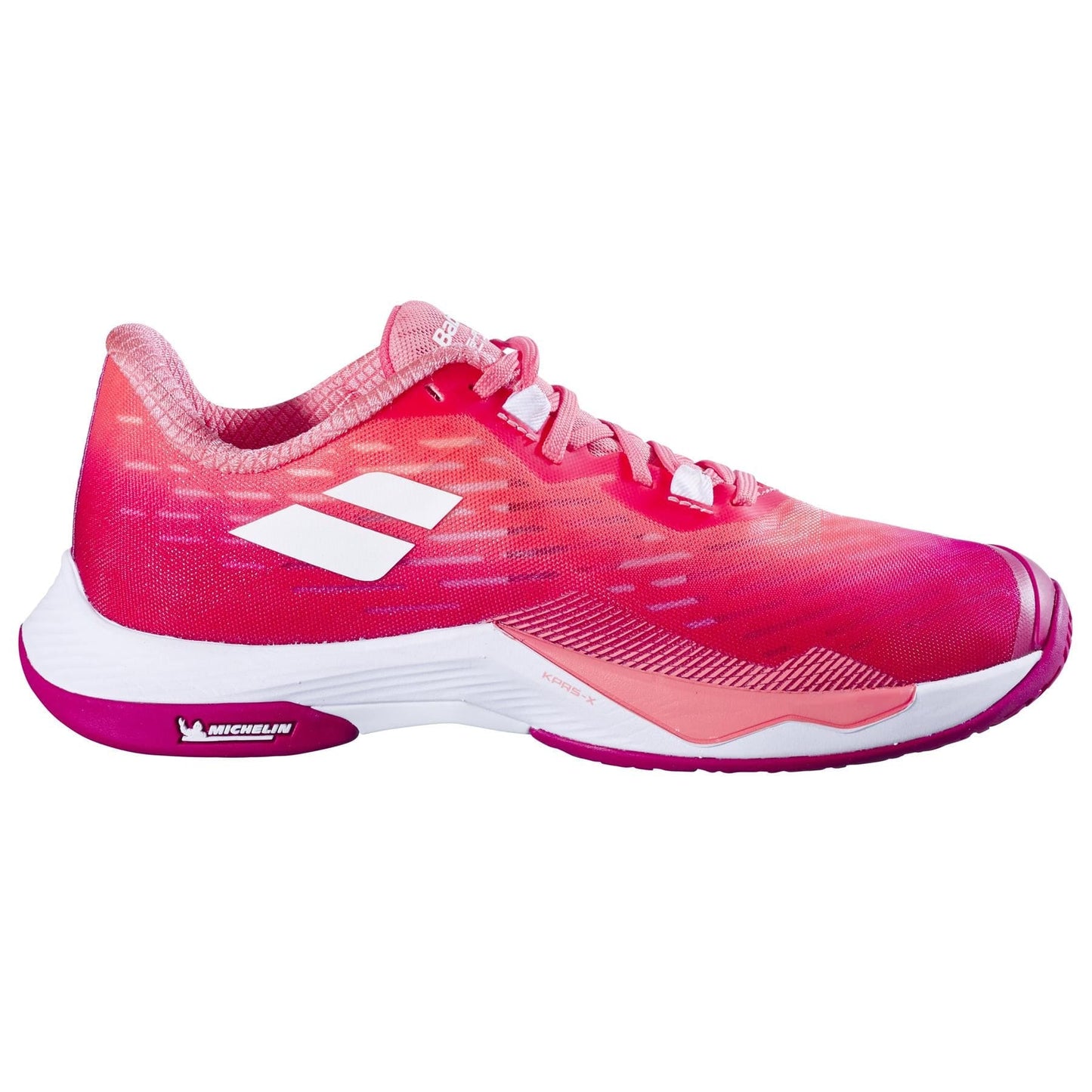 Introducing the Babolat Shadow Tour 5 Women's Badminton Shoes in Raspberry. This lightweight and breathable athletic shoe for women features a stylish raspberry color with white accents, a textured sole for enhanced performance, and proudly displays the iconic Babolat side logo alongside the Michelin label on the midsole.