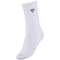 The Tecnifibre Men's Classic Badminton Socks (3 Pack) in white are designed with a ribbed texture and feature a subtle blue and red logo near the top, perfect for racket sports. These socks include ankle support and are showcased against a plain white background.