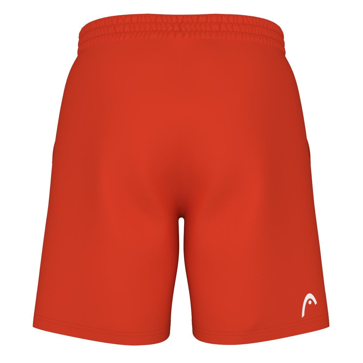 Back view of the HEAD Vision Power Men's Badminton Shorts in a vibrant orange alert color, featuring an elastic waistband. A small white HEAD logo adorns the bottom left hem. Crafted from smooth, lightweight Moisture Transfer Microfiber fabric with 4-way stretch, these shorts are perfect for sports or casual wear.