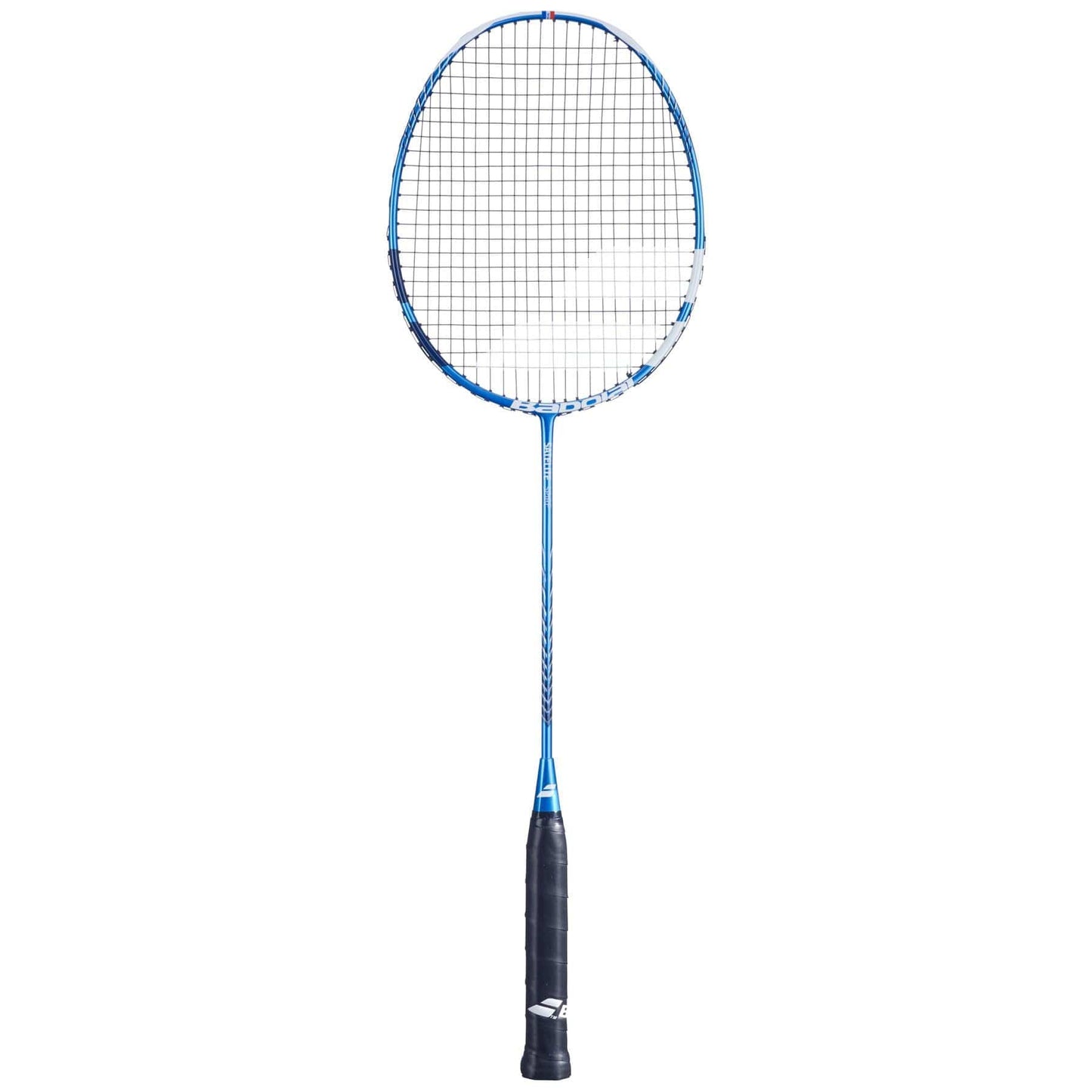 The Babolat Satelite Spire Badminton Racket - Blue by Babolat boasts a blue frame, black grip, and stringed head. It includes white accents near the handle and is enhanced with Shot Optimizer technology. The white background emphasizes its intricate design and vivid colors.