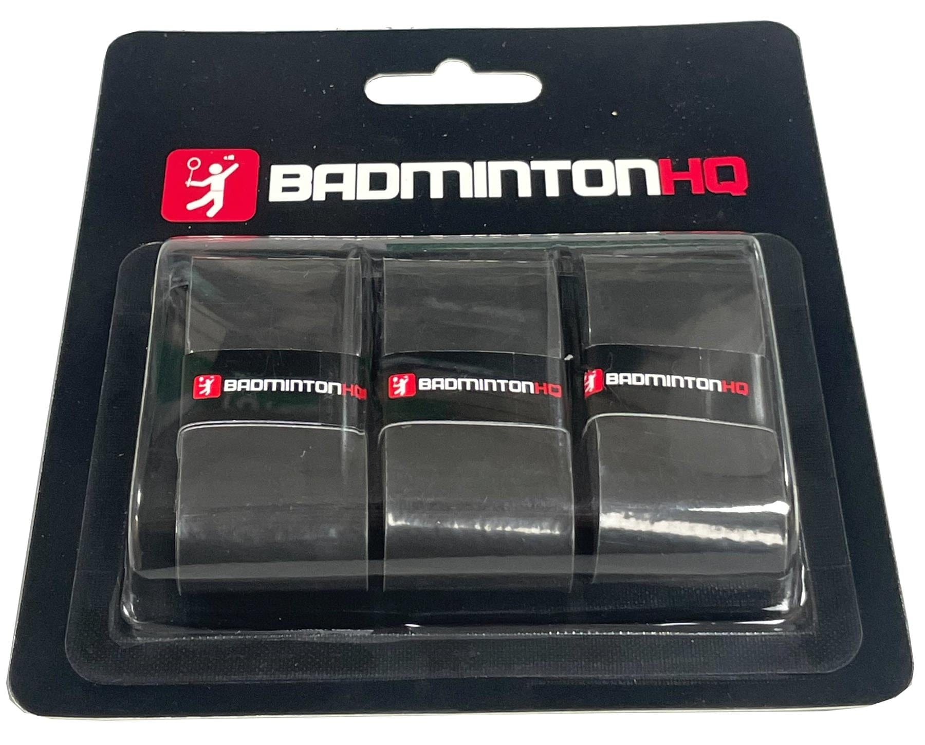 The BadmintonHQ 3 Pack Badminton Overgrips in black, marked with the brand's logo depicting a stylized badminton player, come enhanced with sweat-absorption technology. These overgrips are neatly packaged in a plastic pack backed by a black card to ensure superior grip consistency.