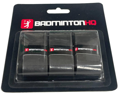 The BadmintonHQ 3 Pack Badminton Overgrips in black, marked with the brand's logo depicting a stylized badminton player, come enhanced with sweat-absorption technology. These overgrips are neatly packaged in a plastic pack backed by a black card to ensure superior grip consistency.