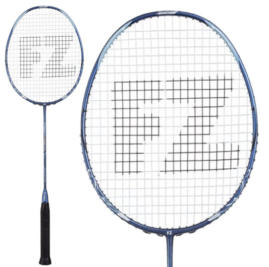 The FZ Forza HT Power 36-M Badminton Racket in Limoges, designed by FZ Forza, features ultra high modulus graphite construction and durable black strings arranged in a "FZ" pattern. Its power frame design boosts performance, and the black grip at the handle ensures comfortable play.