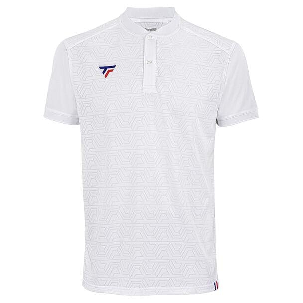 The Tecnifibre Men's Team Badminton Mesh Polo Shirt - White is a short-sleeved design with a geometric pattern and buttoned collar, crafted from polyester mesh to ensure optimum breathability. It features a small red, white, and blue logo on the left chest, with a similar striped detail at the bottom right.