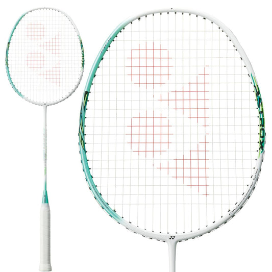 The Yonex Astrox 01 Feel 4U Badminton Racket in White/Mint highlights a white frame with strings displaying a red logo pattern. It offers a head-heavy balance and features a Hi-Flex shaft to boost performance. Its handle is adorned with white grip tape, shown in full and close-up views.