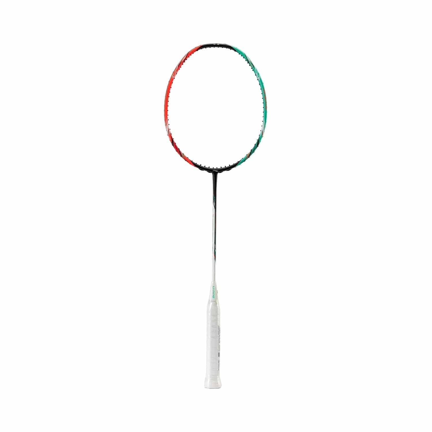 The Li-Ning Halbertec 7000 4U badminton racket, created by Li-Ning, features an eye-catching Arcadia and Orange Juice color scheme on its frame, highlighted by a white grip handle and set against a pristine white background.