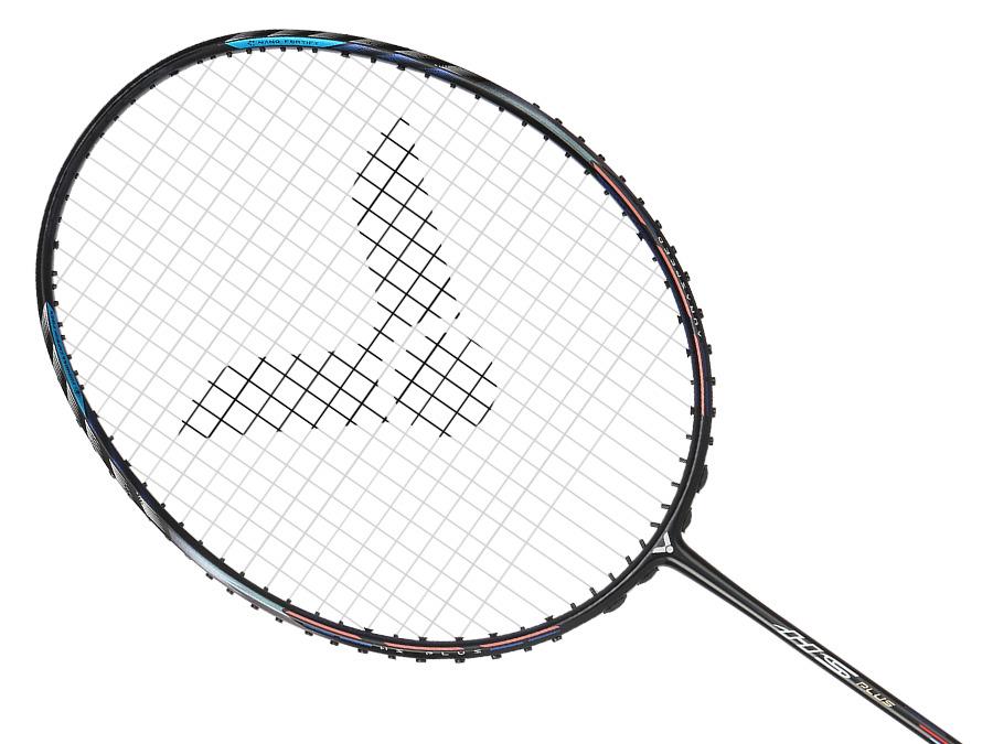 An overhead view of the Victor Auraspeed HS Plus 4U Badminton Racket - Black highlights its sleek black frame and white strings, designed with a distinctive pattern featuring three black triangular shapes at the center. Enhanced with Victor's WES 3.0 technology, its shaft boasts blue detailing for optimized performance.