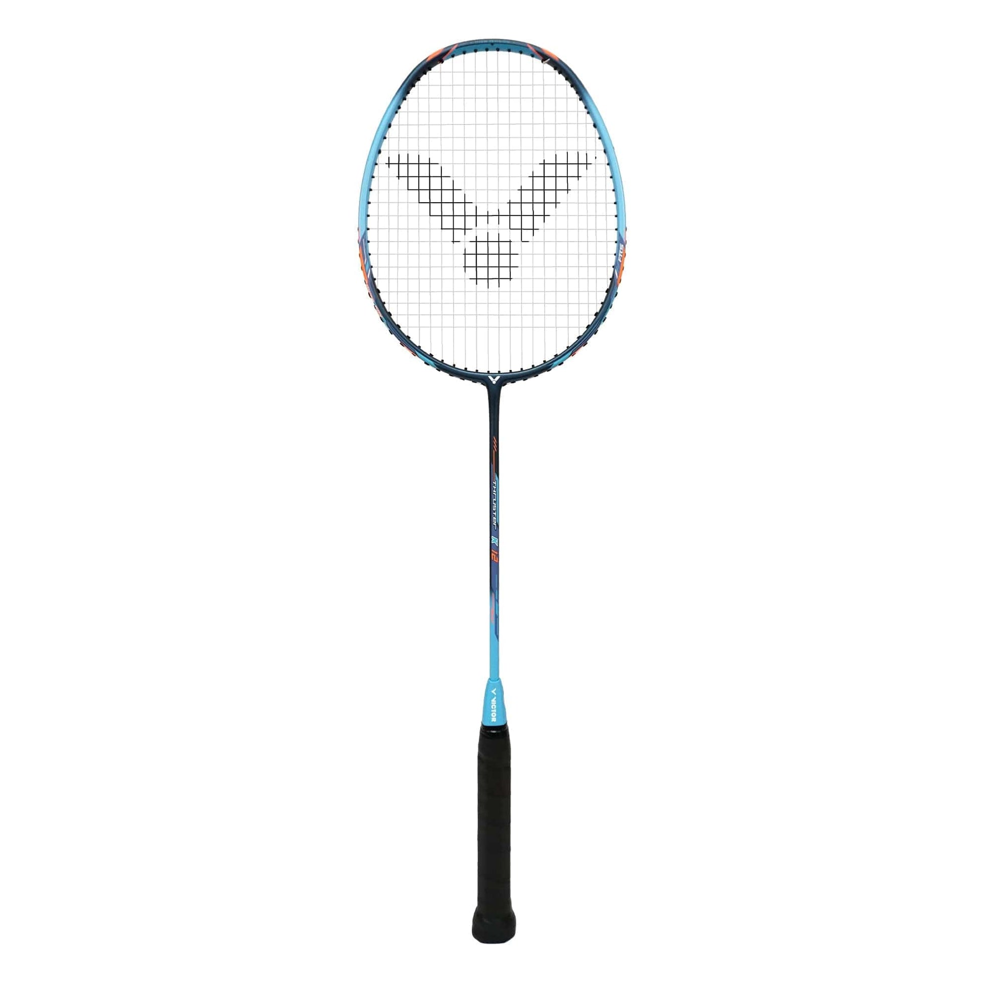 The Victor Thruster K 12 M Badminton Racket by Victor, featuring a blue and orange design with a grid pattern on the strings and a logo at the center, boasts a head-heavy TK-12 build for enhanced striking power. Its Fibre Reinforced System ensures durability, and the black grip tape on the handle complements its slim and lightweight construction.