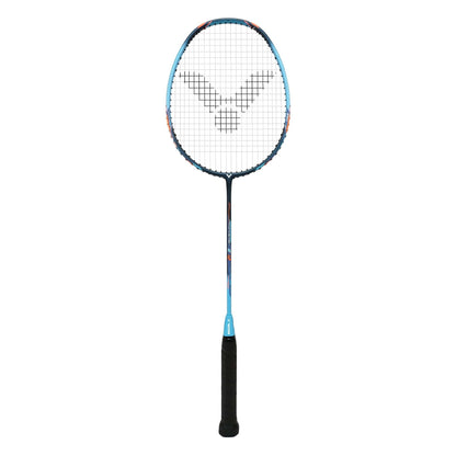 The Victor Thruster K 12 M Badminton Racket by Victor, featuring a blue and orange design with a grid pattern on the strings and a logo at the center, boasts a head-heavy TK-12 build for enhanced striking power. Its Fibre Reinforced System ensures durability, and the black grip tape on the handle complements its slim and lightweight construction.