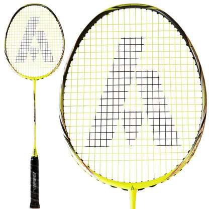 The Ashaway Phantom X-Speed III Badminton Racket in Yellow showcases a vibrant yellow frame complemented by a black grip, featuring a prominent large "A" logo on the strings. With two perspectives for viewing, this sleek design is further enhanced by the Phantom Airflow System for optimal performance.