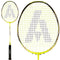 The Ashaway Phantom X-Speed III Badminton Racket in Yellow showcases a vibrant yellow frame complemented by a black grip, featuring a prominent large "A" logo on the strings. With two perspectives for viewing, this sleek design is further enhanced by the Phantom Airflow System for optimal performance.