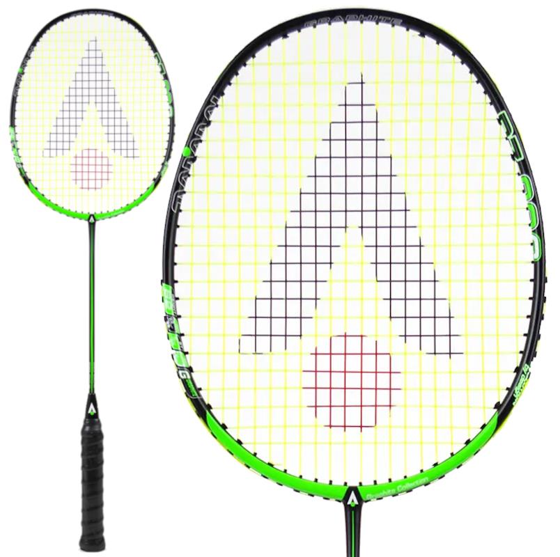 The Karakal BZ 20 2.1 Badminton Racket in black and green showcases a sleek isometric head with strings arranged in a yellow grid. A prominent stylized logo featuring a red circle and gray triangle is displayed on the head, while the handle is wrapped in a durable black PU super grip.