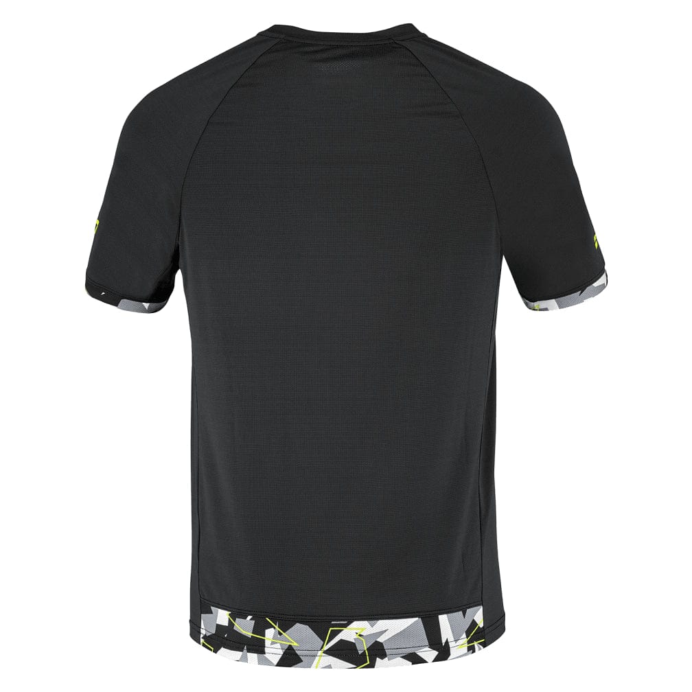 A black Babolat Aero Crew Neck Men's Badminton T-Shirt showcasing abstract geometric patterns in gray and white at the hem and sleeves, crafted from Fiber Dry-polyester, displayed from the back.