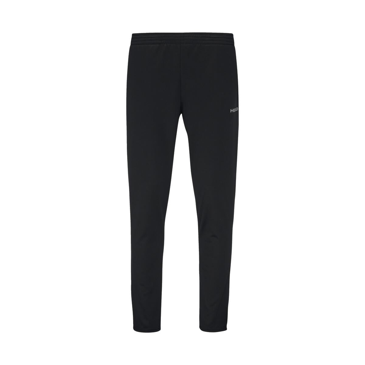 The HEAD Club Men's Easy Court Tracksuit in black showcases an elastic waistband and a discreet branded logo on the left thigh. Crafted with Moisture Transfer Microfiber technology, these straight-leg track pants provide comfort for both athletic and casual occasions. Ideal for those who combine training with style, presented against a white background.