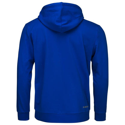 A rear perspective of the HEAD Club Byron Men's Badminton Hoodie in Royal Blue, showcasing its hood and long sleeves against a white backdrop. The fabric looks smooth, highlighting a small HEAD logo near the right side of the bottom hem.