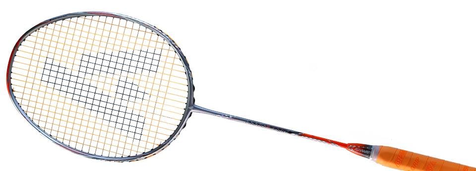 The Ashaway Phantom Shard 3 3U Badminton Racket by Ashaway features Shardtech technology, an orange handle, and a silver frame with geometric string patterns on a white background.