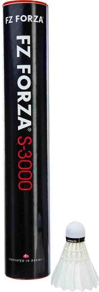 A tube of FZ Forza S-3000 White Shuttlecocks rests next to an individual shuttlecock. The mostly black packaging, featuring vibrant red and white text, guarantees a durable shuttle experience.