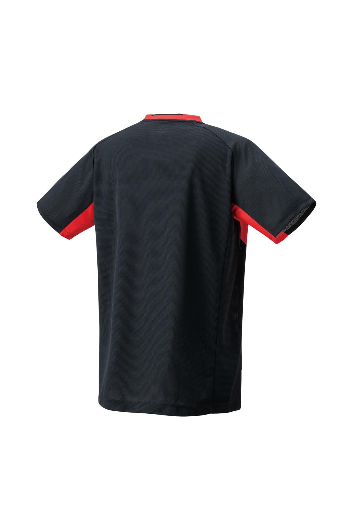 The Yonex 10576 Crew Neck Men's Badminton T-Shirt in black showcases red accents from the back view, featuring a red collar along with panels on the sides and sleeves. Made with a smooth, fitted fabric, this Yonex shirt incorporates VeryCool Dry technology for optimal performance in sports or casual wear.