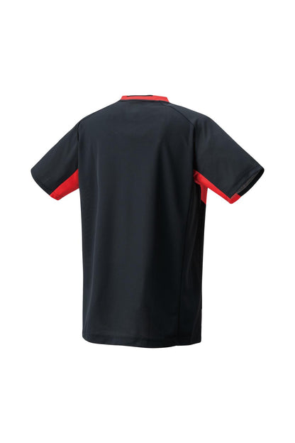 The Yonex 10576 Crew Neck Men's Badminton T-Shirt in black showcases red accents from the back view, featuring a red collar along with panels on the sides and sleeves. Made with a smooth, fitted fabric, this Yonex shirt incorporates VeryCool Dry technology for optimal performance in sports or casual wear.