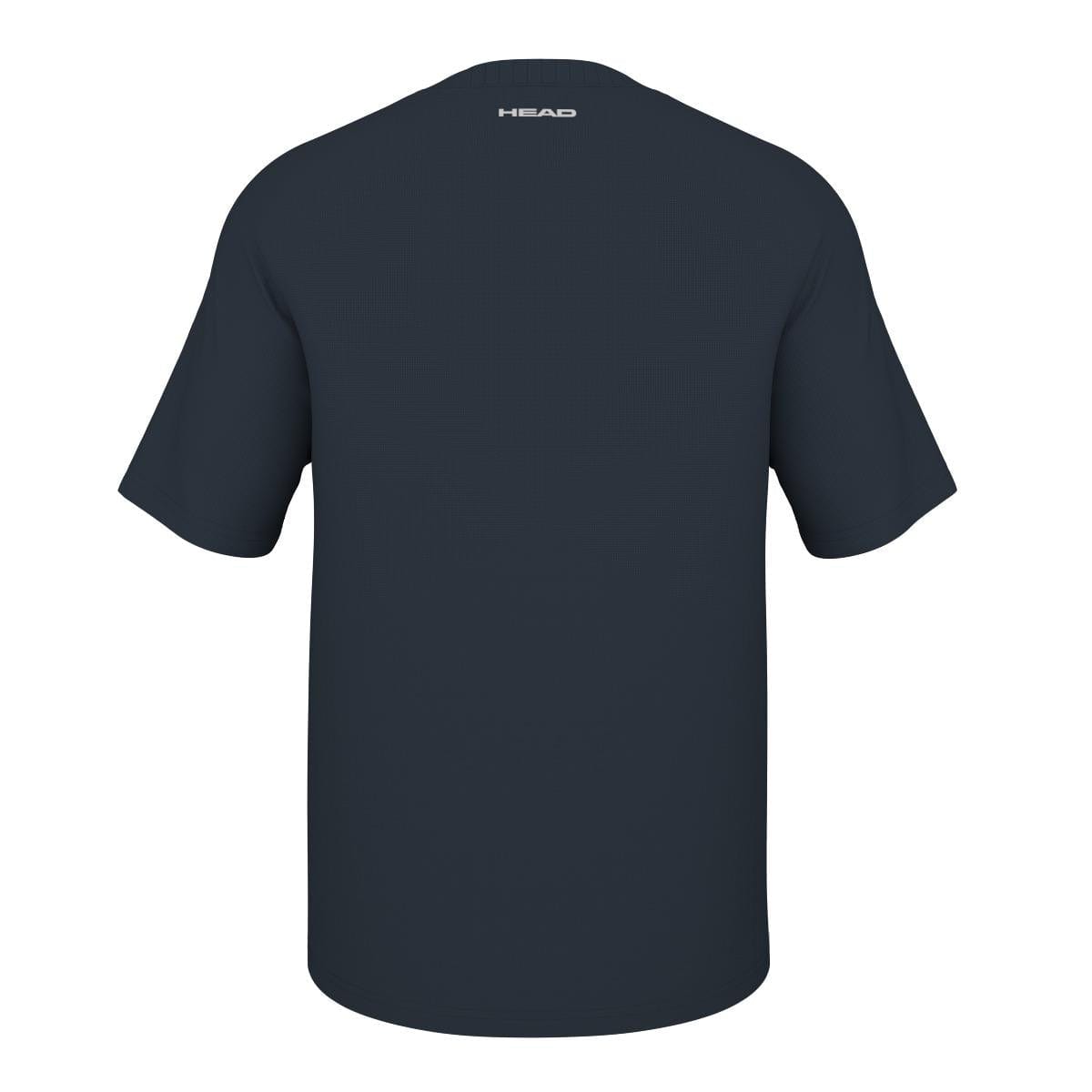 The HEAD Performance Men's Badminton T-Shirt - XPNV is a plain black short-sleeve t-shirt viewed from the back. It displays the brand "HEAD" in small white text near the collar. This high-performance t-shirt incorporates Moisture Transfer Microfibre technology to keep you comfortable and dry.