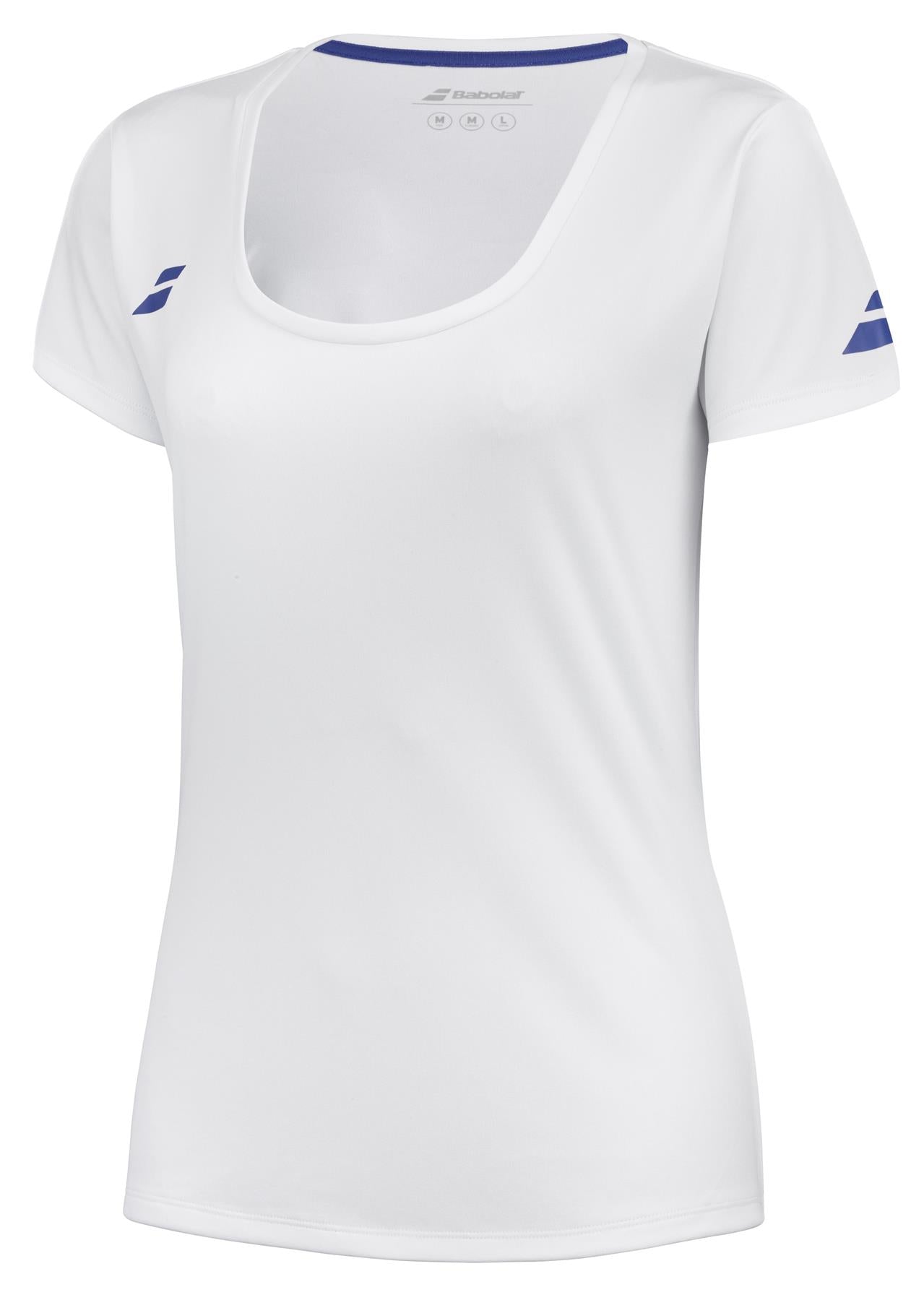 The Babolat Play Women's Badminton Cap Sleeve Top in white features cap sleeves and a scoop neckline, with blue accents highlighting the shoulders and inside the collar. It is crafted from Fiber Dry-polyester to ensure a smooth, fitted feel for optimal performance.