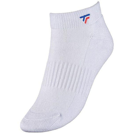 A single white ankle sock with a ribbed texture, featuring a red and blue logo near the cuff, ideal for racket sports. Modeled after the Tecnifibre Low Cut Badminton Socks (3 Pack) - White by Tecnifibre, it provides excellent ankle support for active movements.