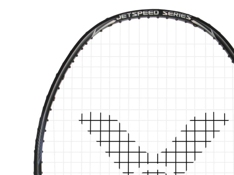 A close-up shot of the Victor Jetspeed T1 Pro C 4U Badminton Racket displays its sleek Aero-Sword technology on the frame, with black strings forming a "V" pattern at the center against a plain white background.