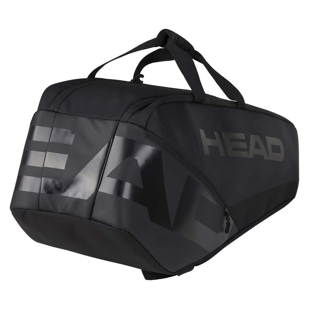 Introducing the HEAD Pro X Legend 9 Badminton Racket Bag L - Black, a stylish tennis bag from HEAD with "HEAD" boldly printed on the side. Featuring a sleek, angular design and dual top handles, this versatile carrier also offers CCT+ climate control technology to keep your equipment protected. Ideal for both tennis and badminton use.