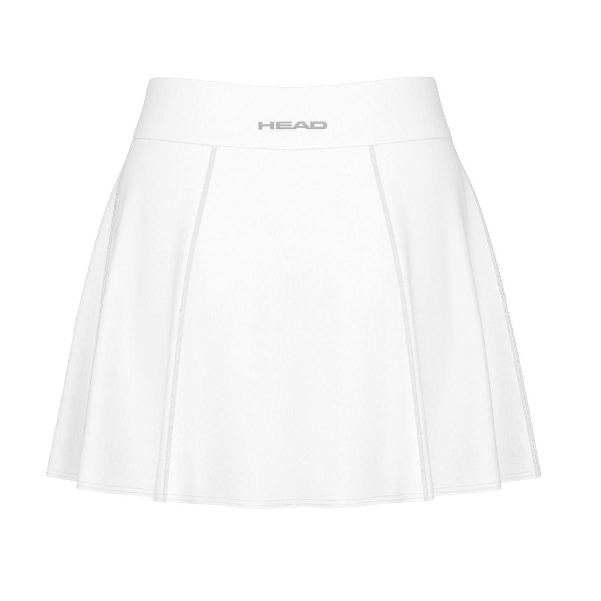 HEAD Performance Women's Badminton Skort - White, featuring a wide waistband and subtle pleats with integrated inner shorts. The gray "HEAD" logo adds a touch of style to the front. Made from lightweight, breathable fabric, it incorporates Moisture Transfer Microfibre technology for optimal comfort.