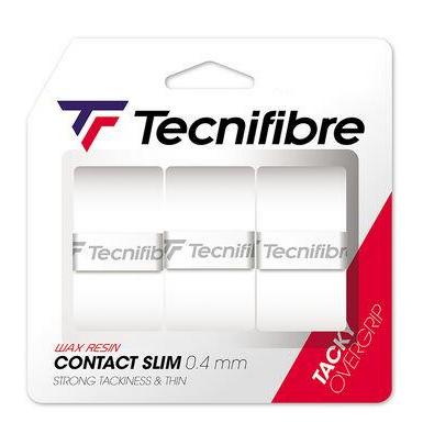 The Tecnifibre Contact Slim Badminton Overgrip - 3 Pack - White packaging displays three white grips, adorned with the Tecnifibre logo, offering an outstanding grip and slim design for improved control.