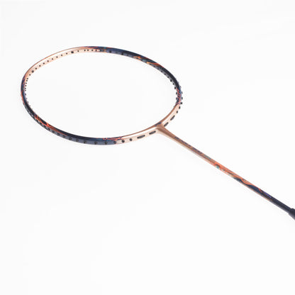 A close-up image of the Li-Ning BladeX 900 Sun Max 4U Badminton Racket in a rose gold color, featuring a dark handle and an orange-tinted frame, set against a plain white background. The racket's design highlights colorful patterns along the shaft and frame, providing precise control and responsiveness during play.