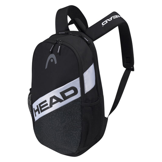 Introducing the HEAD Elite Backpack - Black White: a stylish accessory from HEAD, featuring their logo in bold white letters diagonally across the front. This backpack comes equipped with a zippered main compartment, a padded section for added protection, side mesh pockets for extra storage, and adjustable shoulder straps. It's ideal for all your travel needs.