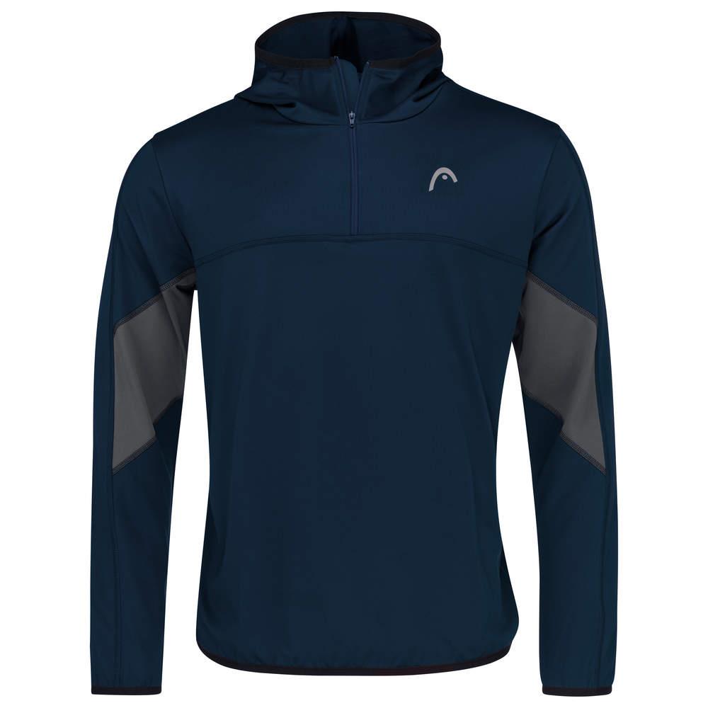 The HEAD Club 22 Men's Tech Hoodie - Dark Blue from HEAD showcases a half-zip front and gray accent panels on the sleeves. With a subtle logo on the chest, this hoodie is designed with Moisture Transfer Microfibre technology for a lightweight and sporty experience.