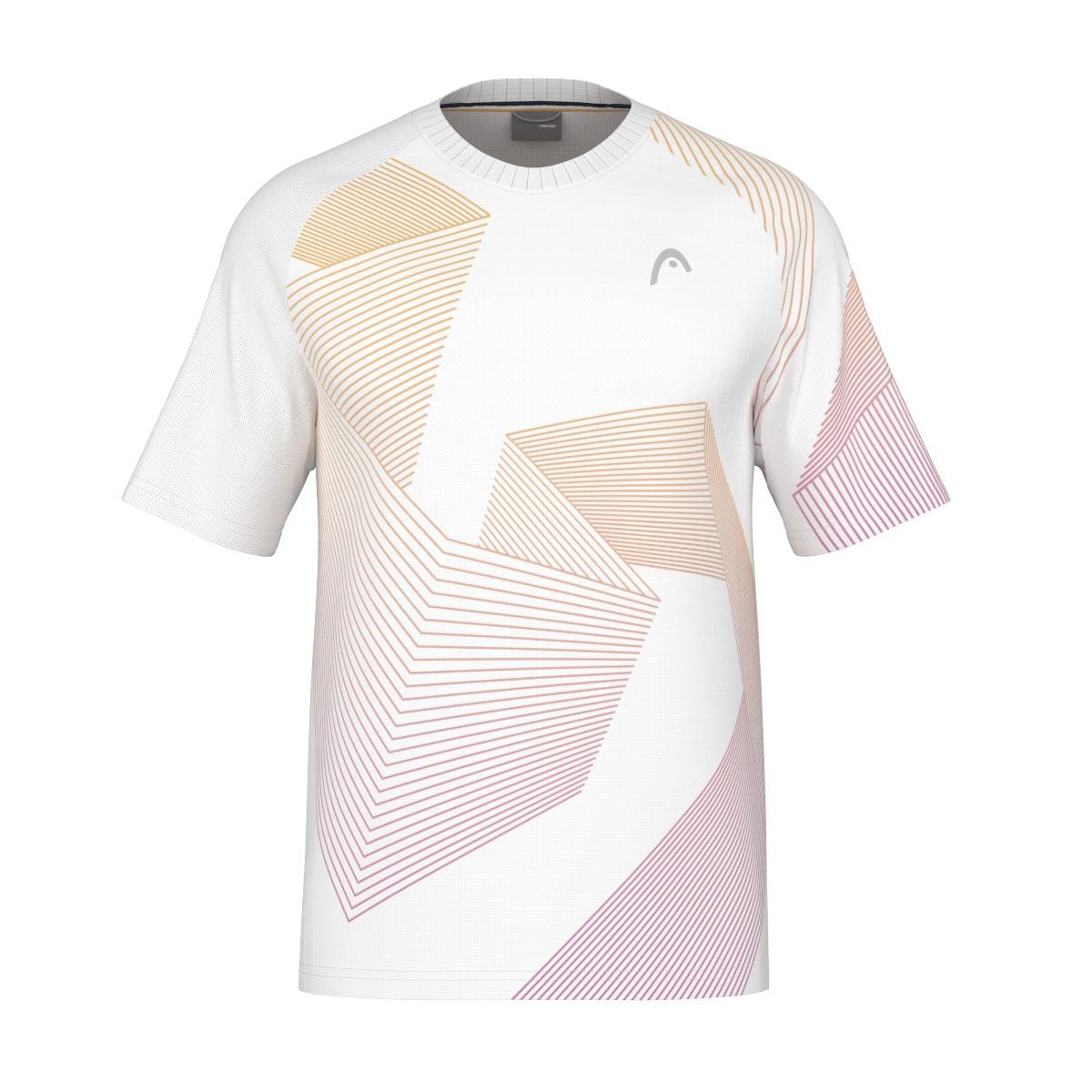 The HEAD Performance Men's Melbourne T-Shirt - BN is a white tee featuring geometric patterns and thin, multicolored lines in shades of oranges and pinks. It incorporates body mapping technology for an abstract angular appearance. A small logo on the upper left chest area enhances the sleek style.