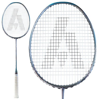 The Ashaway Phantom Shard 5 5U badminton racket, in blue, features a white grip and an "A" design on the strings. This metallic beauty, shown from side-by-side and front angles, includes Shardtech technology for improved performance.