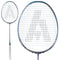 The Ashaway Phantom Shard 5 5U badminton racket, in blue, features a white grip and an "A" design on the strings. This metallic beauty, shown from side-by-side and front angles, includes Shardtech technology for improved performance.