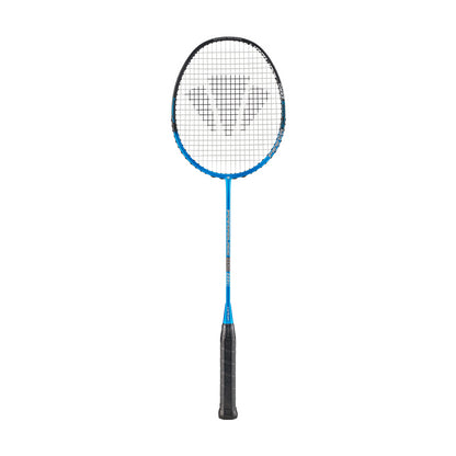 The Carlton Powerblade Zero 300S badminton racket features a sophisticated blue frame made from Japanese High Modulus Graphite and is accented by black strings in a minimalist geometric pattern. Its XTREME Tension Frame boosts performance, and the elegant design is further enhanced by a robust black grip.