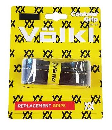 A yellow package showcases the Volkl Contour Replacement Badminton Grip - Black, perfect for players focused on control, with a black grip roll inside. The background is adorned with a repeating Volkl logo pattern, and "REPLACEMENT GRIPS" stands out in red, highlighting its performance-oriented design.