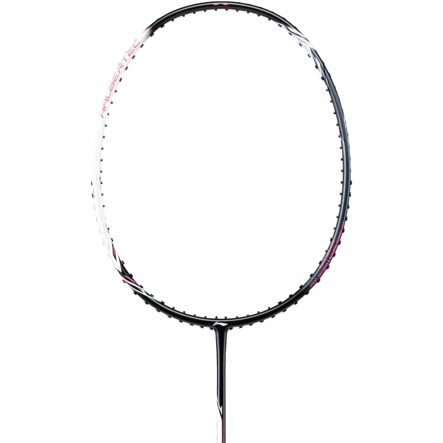 The Li-Ning Halbertec 2000 4U Badminton Racket - Cool Ebony features a black and white frame, engineered for precision and control. Made from high-quality carbon material, its sleek shaft with subtle designs provides an aerodynamic profile ideal for competitive play.