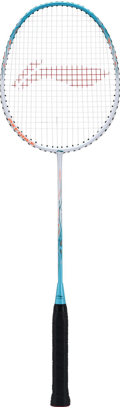 The Li-Ning Axforce 9 Badminton Racket, presented in a stylish white and blue design, incorporates the innovative Aero Tec-Beam System. Its red strings are arranged in a precise grid pattern, complemented by a black grip handle. Positioned vertically against a plain white background, it epitomizes both elegance and high performance.