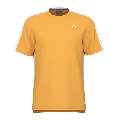 The HEAD Vision Slice Men's Badminton T-Shirt in Banana Yellow showcases short sleeves, a sleek white logo on the left chest, and white trim along the shoulders and sides. Made with advanced sportswear technology, its modern and straightforward design incorporates Moisture Transfer Microfiber for maximum comfort.