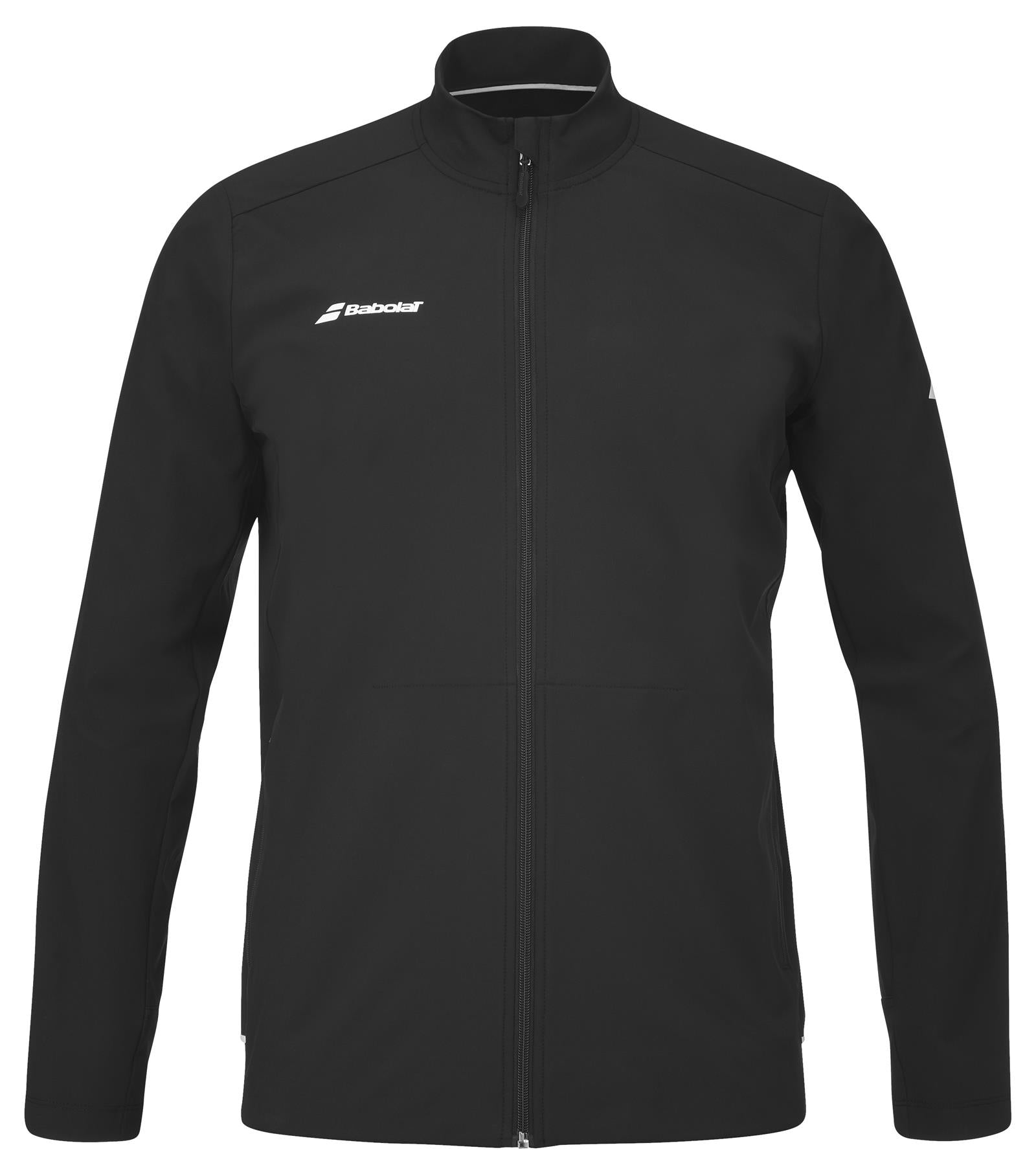 Introducing the Babolat Play Men's Badminton Jacket in black, a sleek and minimalist design by Babolat. This zip-up sports jacket is perfect for badminton, featuring a high collar and full-length sleeves. Crafted from recycled polyester, it includes Fiber Dry technology for ultimate comfort and displays a white logo on the left chest.