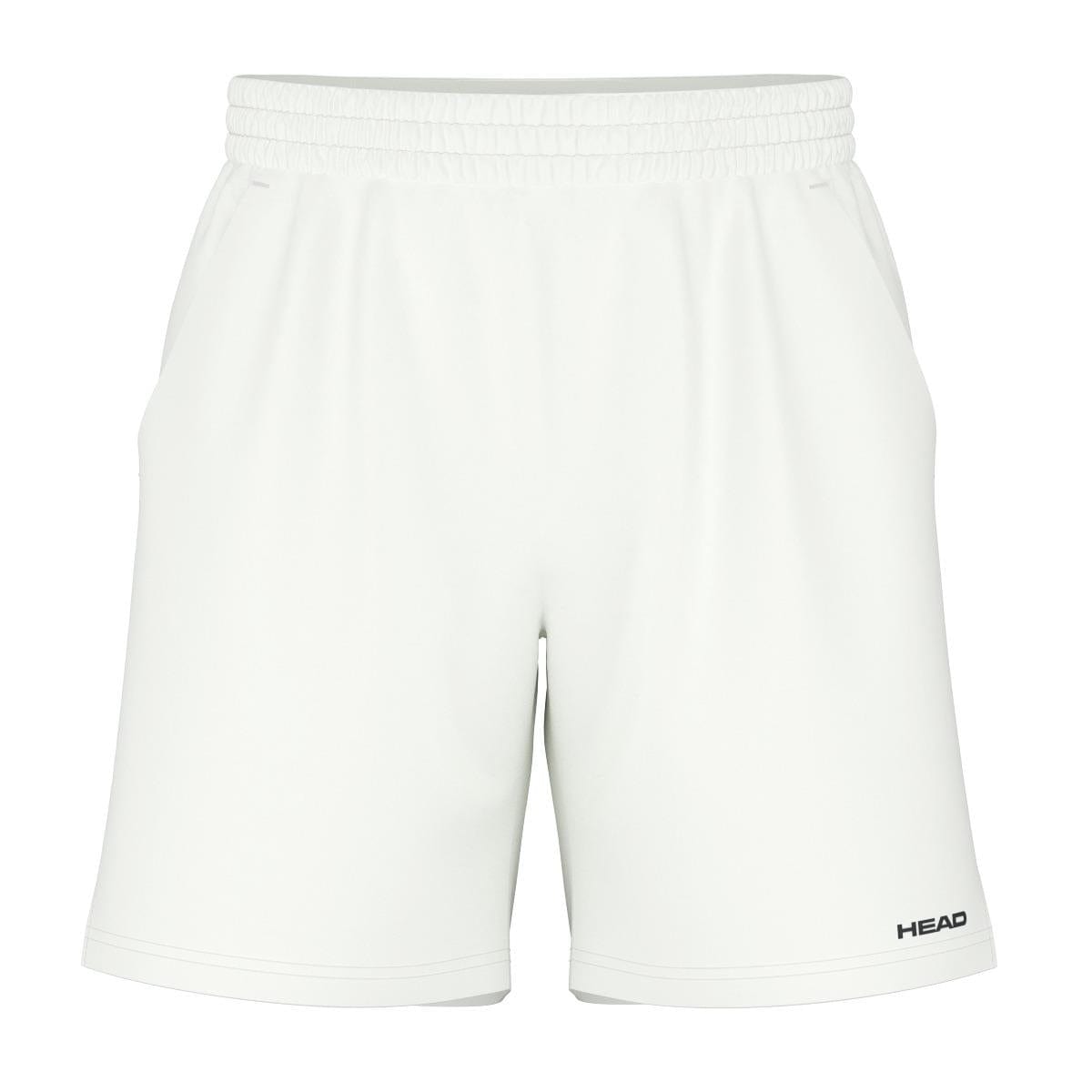 The HEAD Vision Power Mens Badminton Shorts in white are designed with an elastic waistband for a sporty style and feature a 4-way stretch for ultimate comfort. These shorts have "HEAD" printed in black at the bottom right corner, include side pockets, and are showcased against a plain white background.