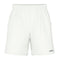 The HEAD Vision Power Mens Badminton Shorts in white are designed with an elastic waistband for a sporty style and feature a 4-way stretch for ultimate comfort. These shorts have "HEAD" printed in black at the bottom right corner, include side pockets, and are showcased against a plain white background.