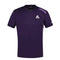 The Le Coq Sportif Pro Men's Badminton T-Shirt in Deep Purple boasts a V-neck and short sleeves. Designed with breathable polyester material, it features a white logo on the left chest and a wordmark on the right sleeve. The addition of subtle black accents across the shoulders and sides enhances the fluidity of movement.