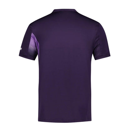 The Le Coq Sportif Pro Men's Badminton T-Shirt in deep purple is made from breathable polyester and features short sleeves, displayed from the back view. Designed for optimal movement, this jersey includes darker side panels and a small brand logo on the left sleeve, making it ideal for enhancing your performance on the badminton court.