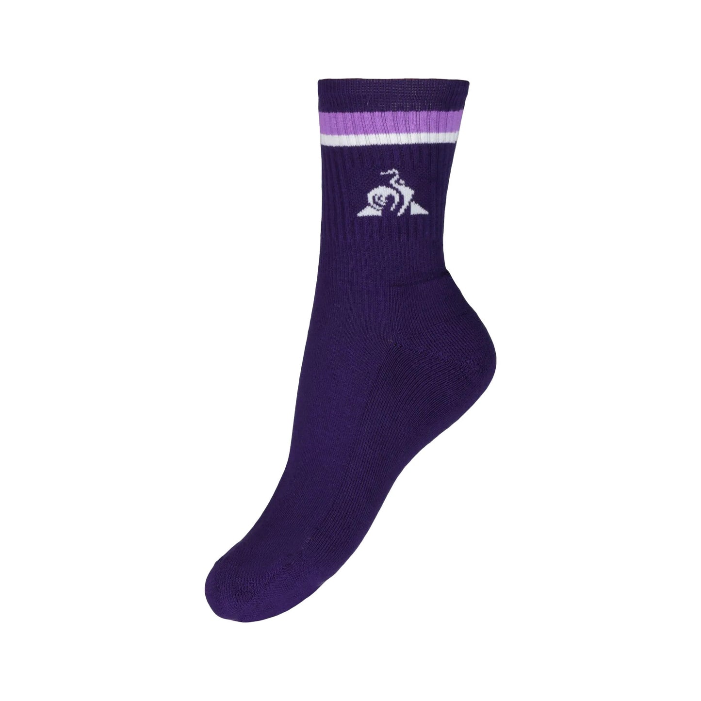 The Le Coq Sportif Sports Socks - Purple Velvet offer maximum comfort and boast two white stripes near the top, along with a white logo of a crouching figure on the side.