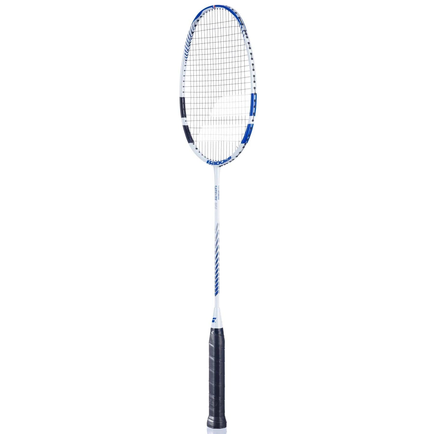 The Babolat Satelite Rise Badminton Racket by Babolat boasts a white and blue frame with a black grip. Its head light design is complemented by Shot Optimizer technology, and the tightly woven strings contribute to its sleek, modern appearance, enhancing performance.