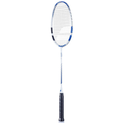 The Babolat Satelite Rise Badminton Racket by Babolat boasts a white and blue frame with a black grip. Its head light design is complemented by Shot Optimizer technology, and the tightly woven strings contribute to its sleek, modern appearance, enhancing performance.