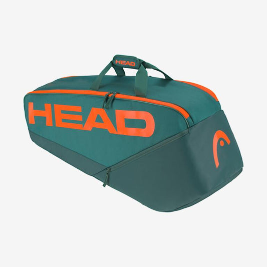 The HEAD Pro Racket Bag - M - DYFO, ideal for club players, showcases a lively green and orange color scheme with the "HEAD" brand prominently displayed. Equipped with two durable carrying straps and a roomy zippered compartment, it can comfortably hold up to six racquets.